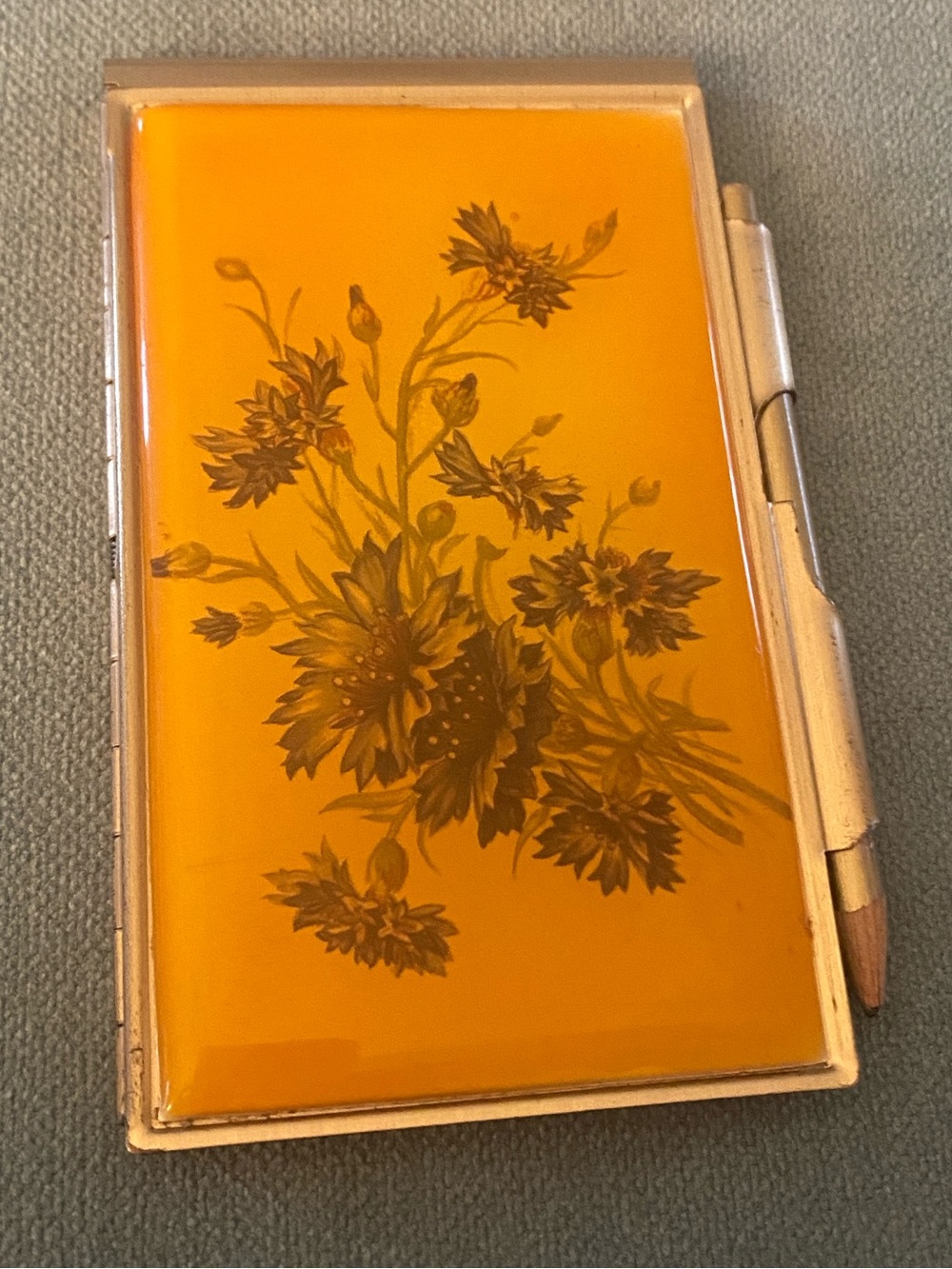 Vintage 1950s Metal Pocket Notebook Case Orange Yellow Floral Enamel Notepad